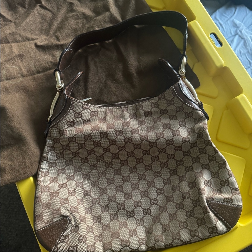 Gucci Beige and Brown Monogram Shoulder Bag